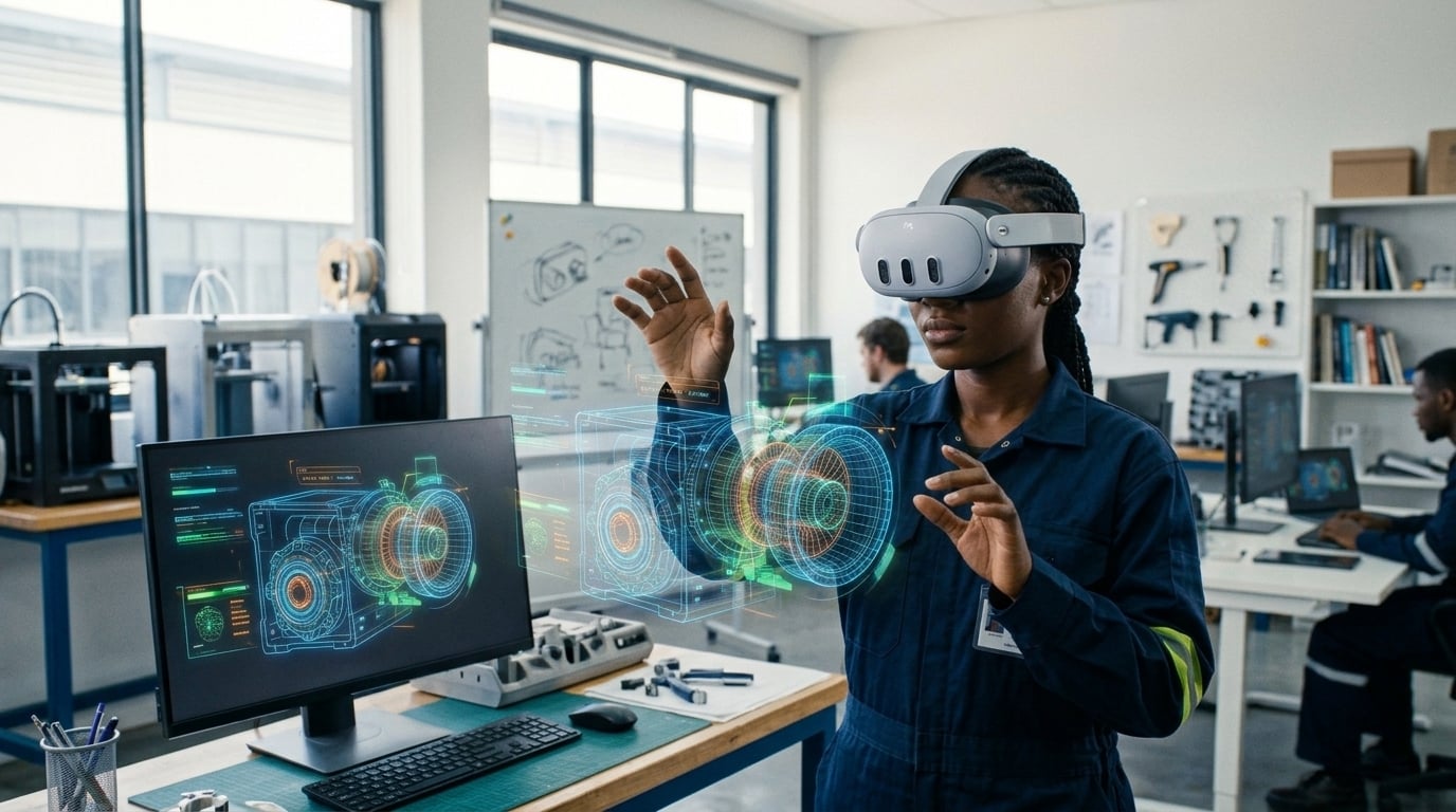 Virtual reality headsets and workstations in an immersive learning setting