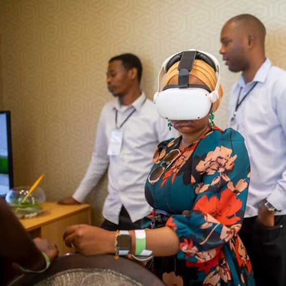 A visitor trying a virtual reality experience at a Lakowe Lakes activation